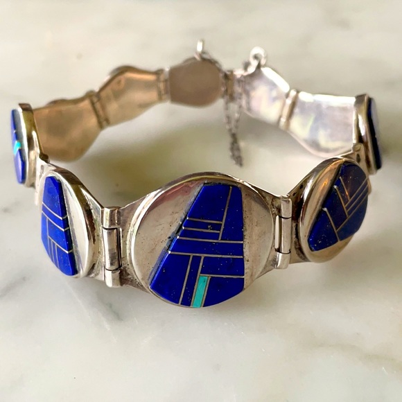 Navajo Native American Vintage Zora Joe and Rick Tolino Lapis Link Bracelet - Picture 5 of 16